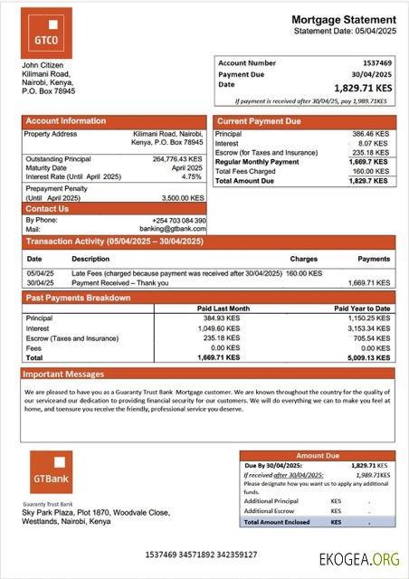 Modèle Word et PDF de relevé hypothécaire de la Kenya Guaranty Trust Bank